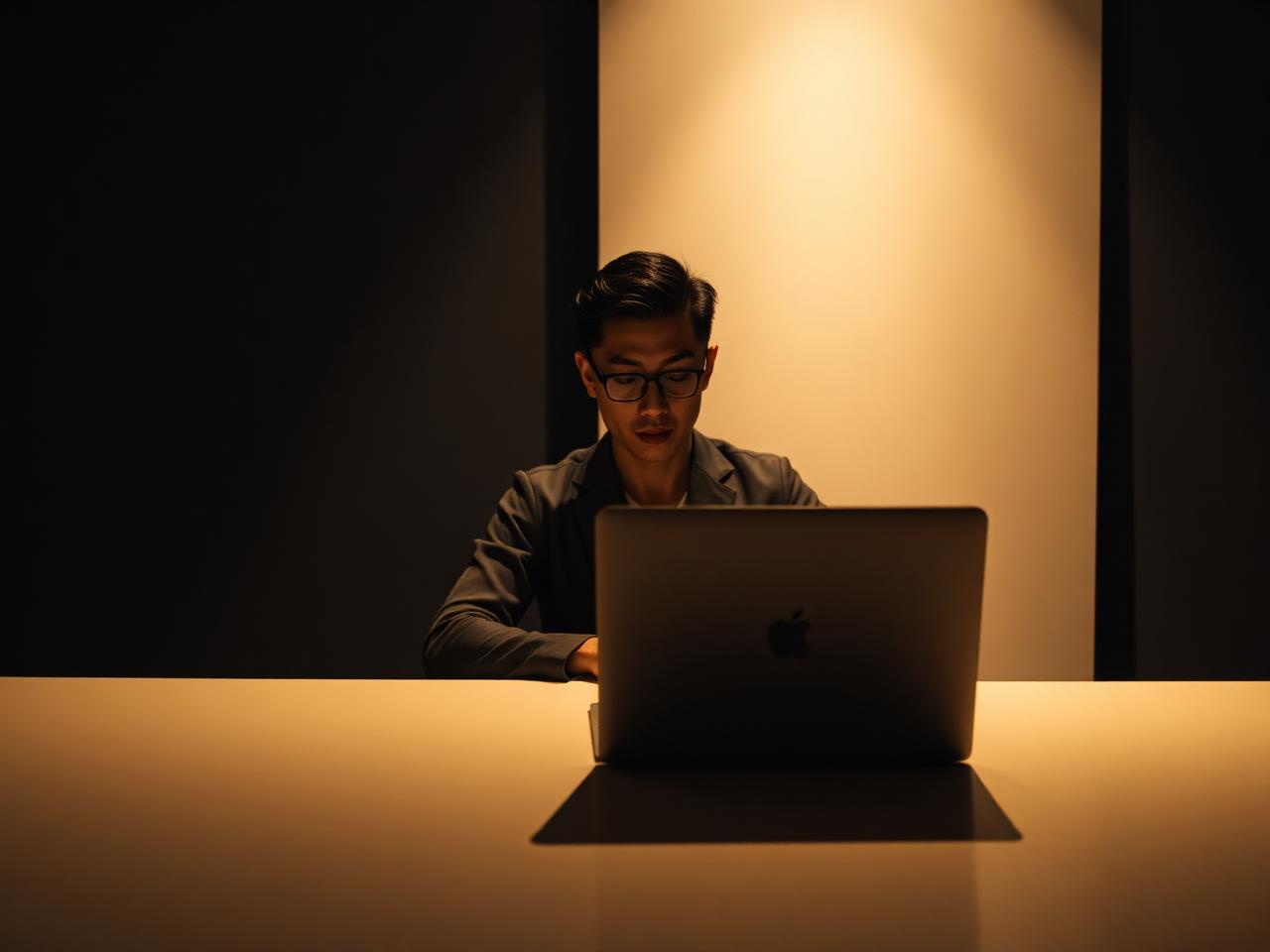 Interior designer working late at an empty showroom desk in Singapore